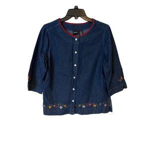 Erika Blue Jean Shirt Womens Small Floral Embroidered 3/4 Sleeve Button Up